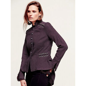 Free People Victorian Lace Up Military Jacket Retro Purple Plum Corset Ruffle XS